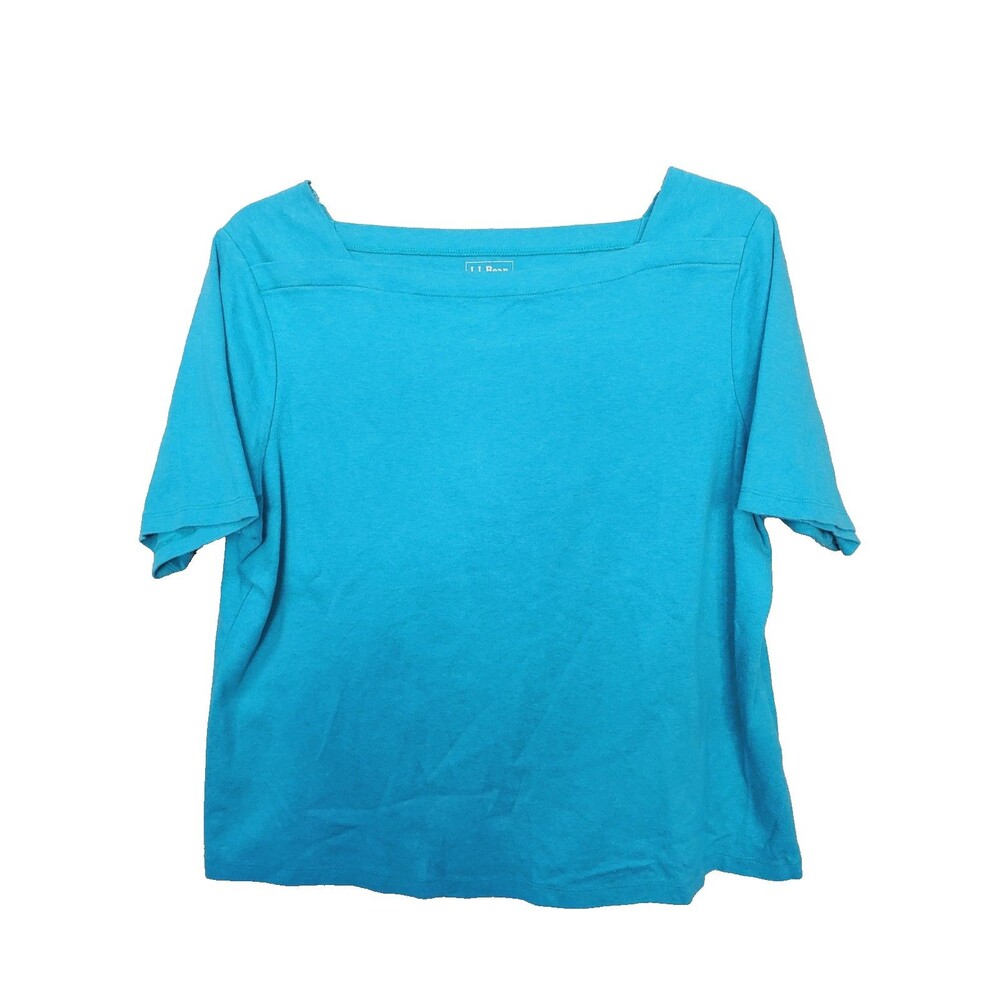 LL Bean Women's Cotton Blue Square Neck Short Sleeve T-Shirt Size 2X